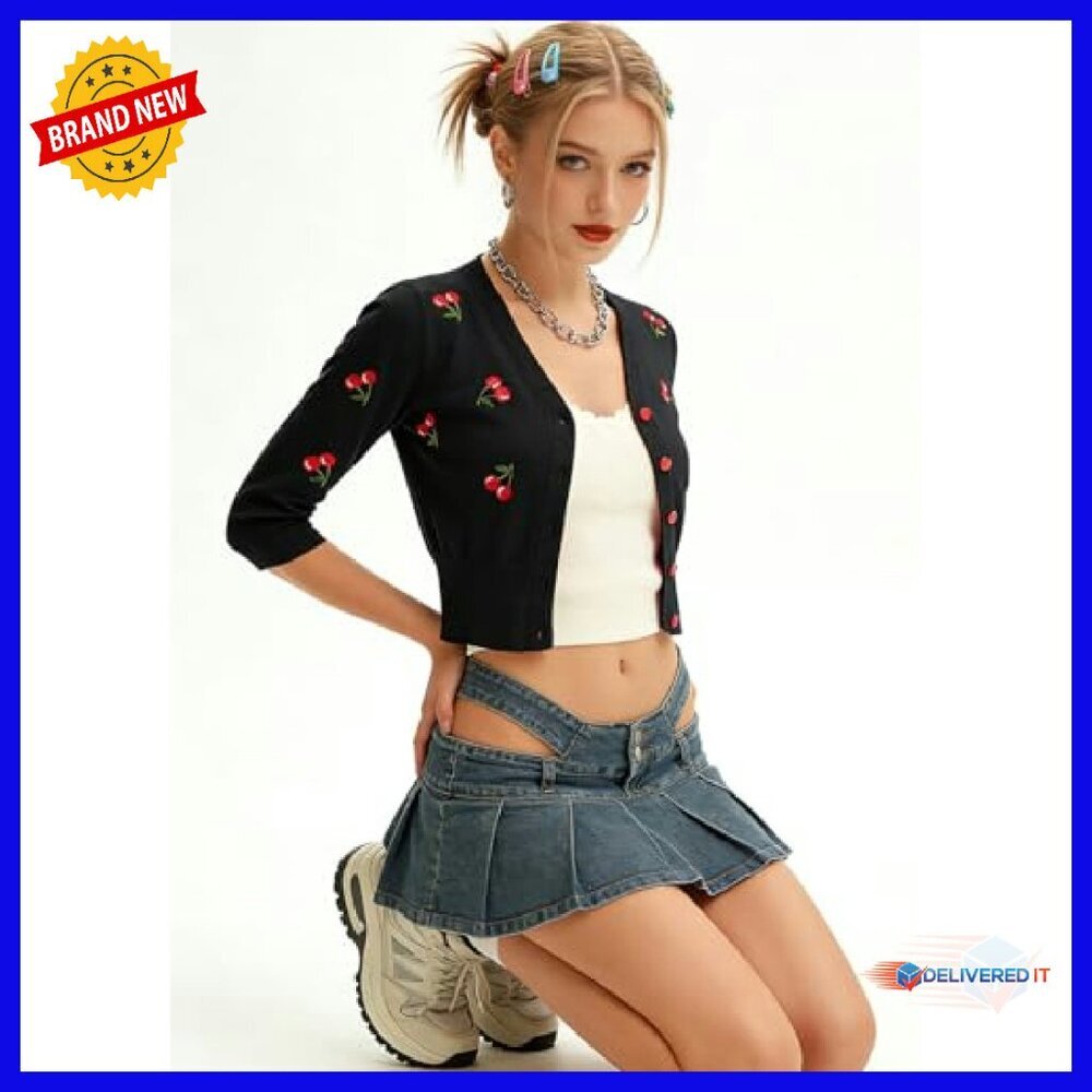 3/4 Sleeve V-Neck Button Down Cropped Cardigan Sweater Coat - Picture 4 of 8